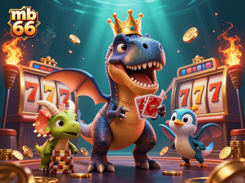 Engage with thrilling moments at mb 66, featuring a T-Rex playing cards and a triceratops stacking chips in a vibrant casino scene.