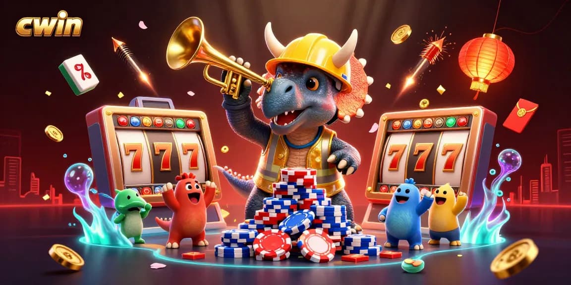 Cwin celebrates dynamic casino gaming with a vibrant 3D cartoon scene filled with poker elements and festive decor.
