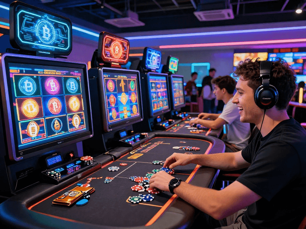 Dynamic crypto casino scene with excited player engaging in digital slot games and vibrant lighting.