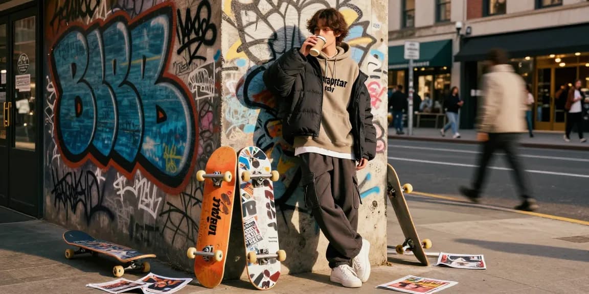 Stile streetwear Trapstar Italy con sfondo urbano e atmosfera informale.