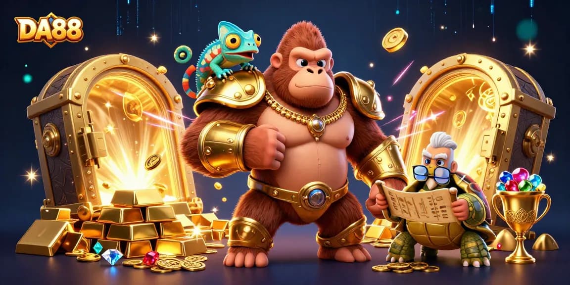 Experience thrilling action at DA88 with a majestic gorilla king and magical treasures in a captivating casino scene.