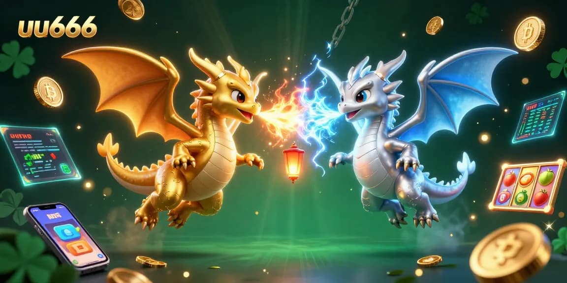 Spin the reels with uu666 in a captivating 3D scene featuring dragons and crypto elements.