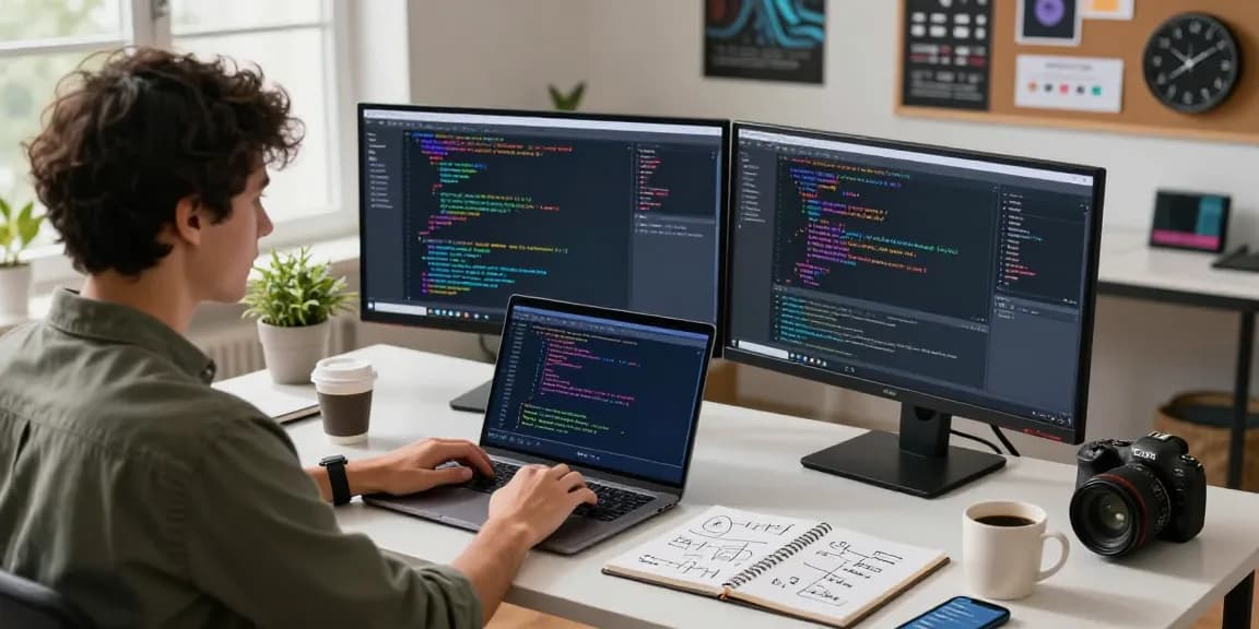 Developer using AI code generator in modern workspace with dual monitors and collaborative elements.