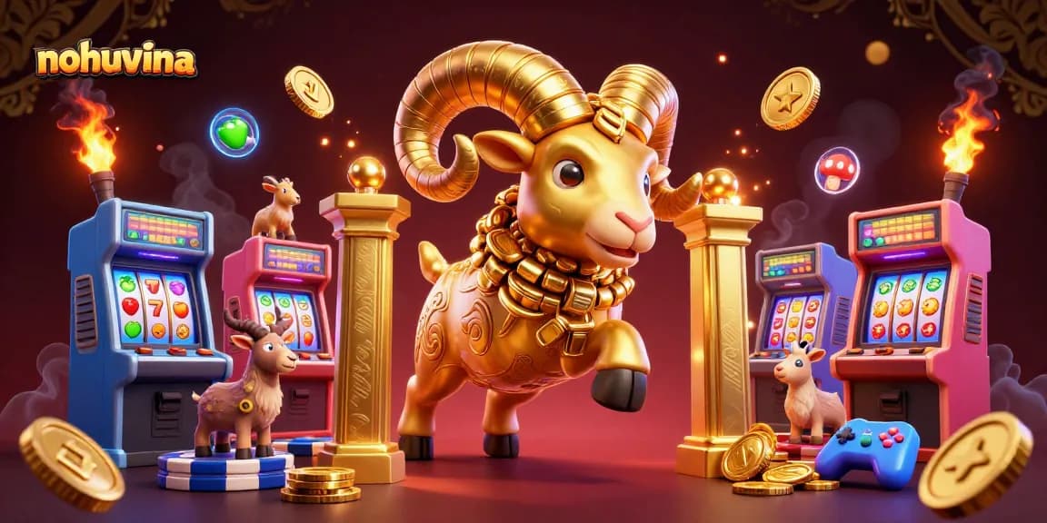 Nohuvina showcases a golden ram charging towards the gate among vibrant casino slot elements.
