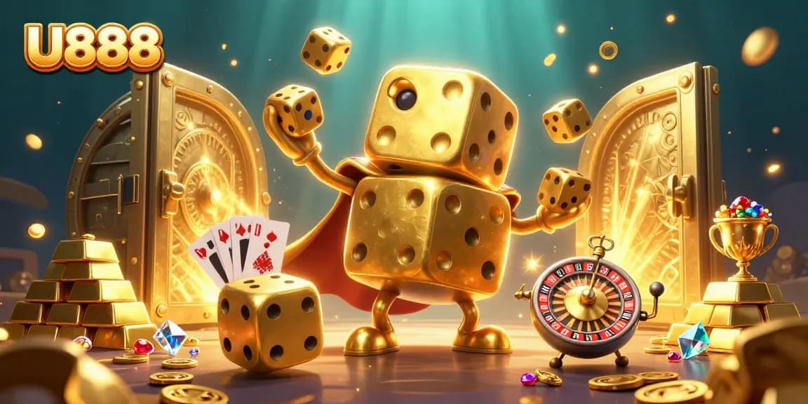 Experience thrilling gameplay with U888's interactive casino scene featuring dazzling animations and golden treasures.