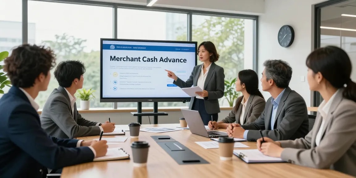 Team strategizing on getting a merchant cash advance in a modern office setting.
