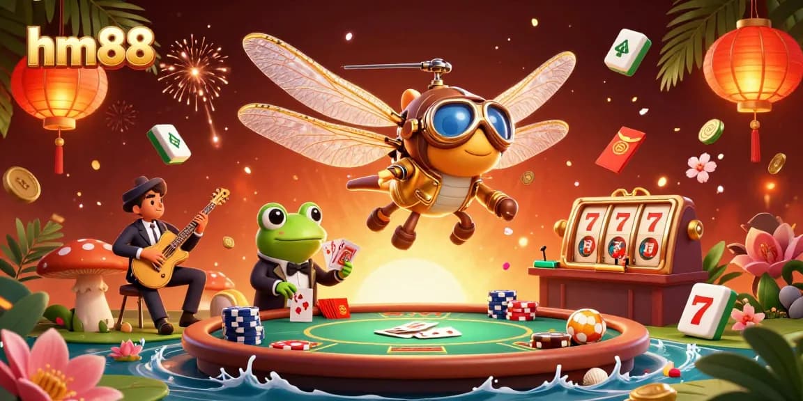 hm88 engages players in a vibrant casino scene with poker tables, characters, and festive elements.