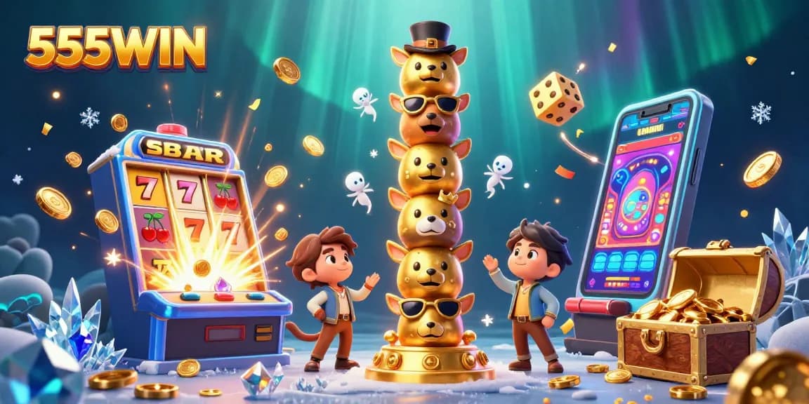 Engage with thrilling casino excitement in 555WIN featuring vibrant slot machines and a golden totem pole.