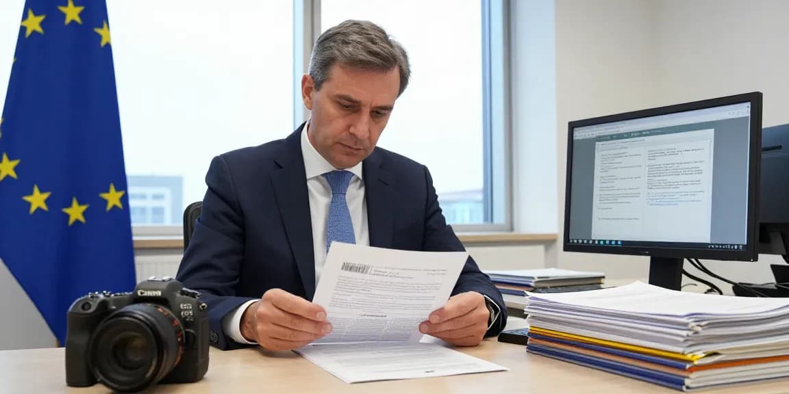 Regolamento UE 1935/2004 e analisi di documenti legali in un ufficio.
