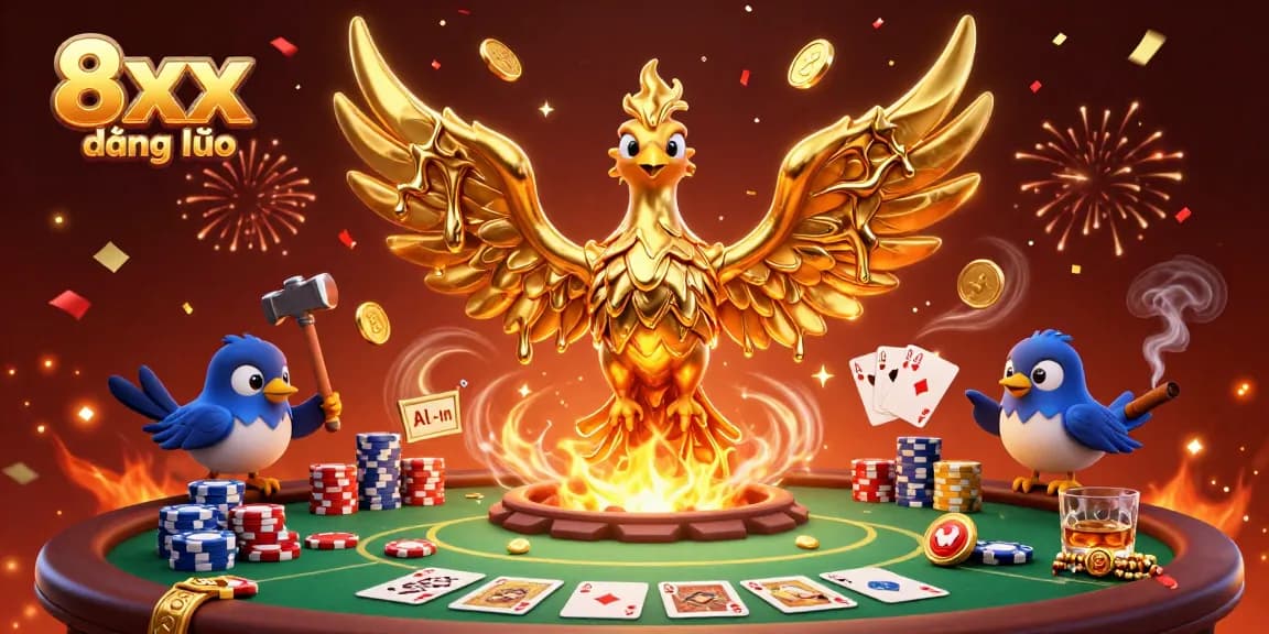 Engage with the vibrant 8xx đăng nhập scene, showcasing a mesmerizing golden phoenix surrounded by poker action.