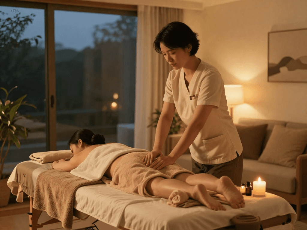 Experience premium 출장마사지 in a calming home environment with soothing candles and warm lighting.