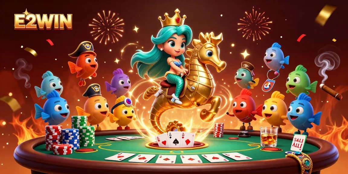 E2WIN brings thrilling poker action to life with a colorful mermaid princess and vibrant casino elements.