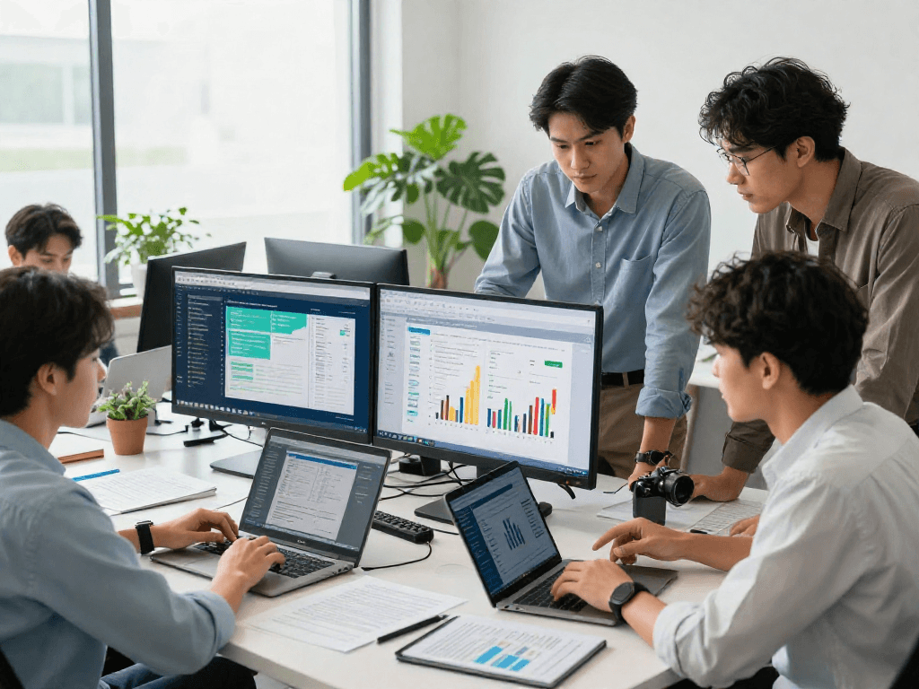 Team collaborating on document fraud detection analysis in a modern office.