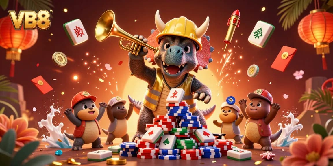 Celebrate with VB8 in a vibrant gambling scene featuring animated characters and rich casino elements.