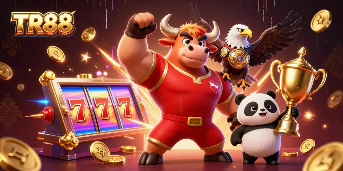 TR88 players celebrate with a bull mascot, eagle, and panda amidst exciting slot reels and gold coins.