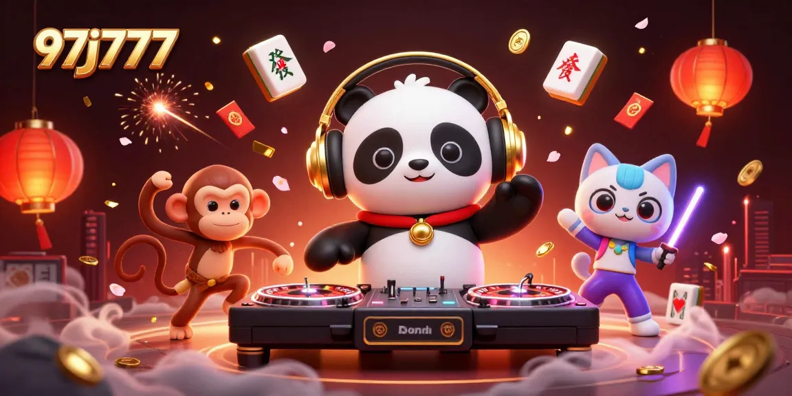 Experience the vibrant energy of 97j777 with a DJ panda, dancing monkey, and glow-stick kitten amidst festive casino elements.