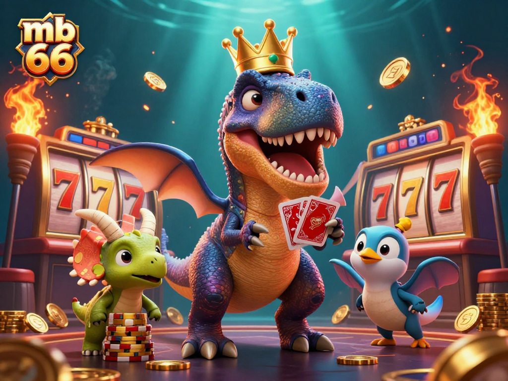 Engage with thrilling moments at mb 66, featuring a T-Rex playing cards and a triceratops stacking chips in a vibrant casino scene.