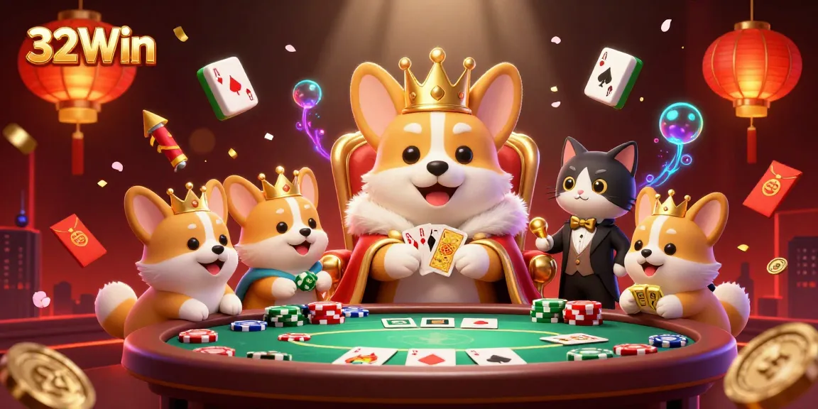 32Win's vibrant casino world with a royal corgi mascot, showcasing exciting card games and luxury elements.
