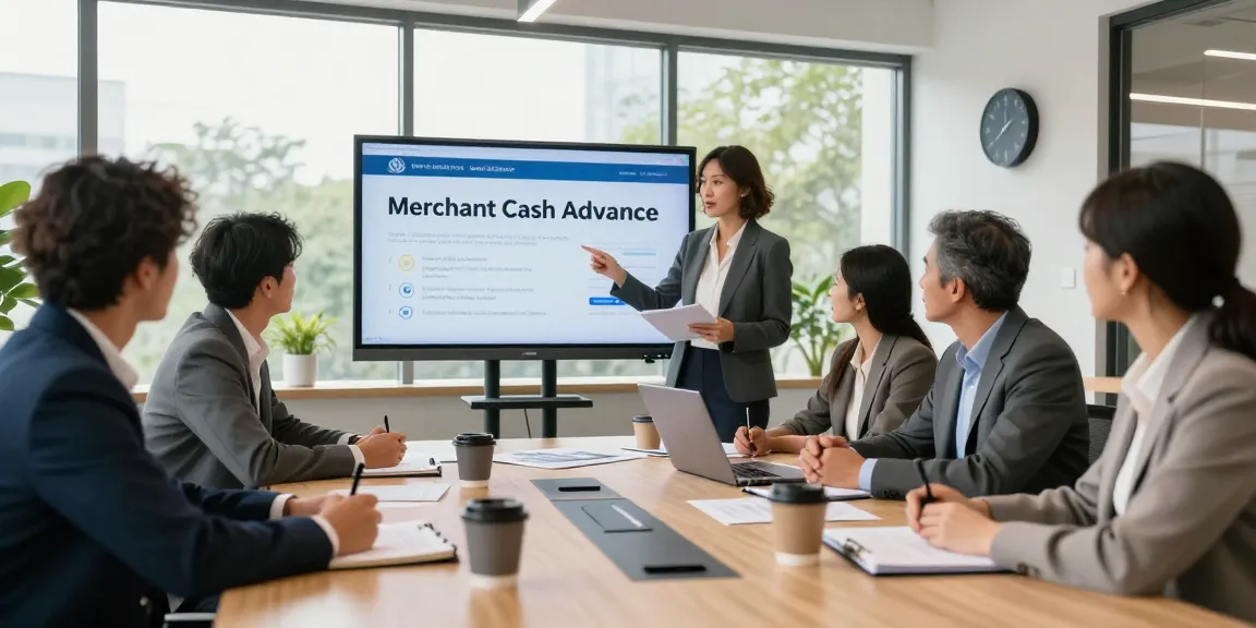 Team strategizing on getting a merchant cash advance in a modern office setting.