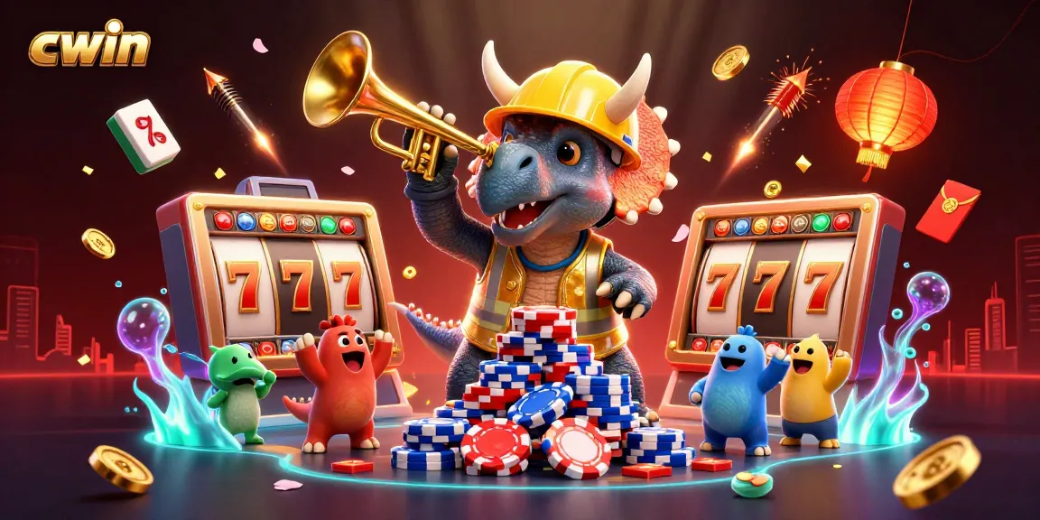 Cwin celebrates dynamic casino gaming with a vibrant 3D cartoon scene filled with poker elements and festive decor.