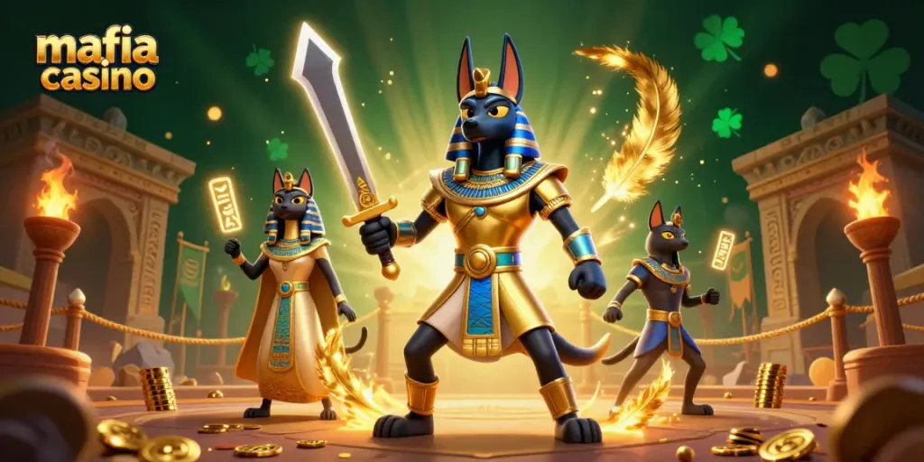 Play slots at mafia casino while experiencing an epic battle with Anubis and Bastet in a vibrant arena.