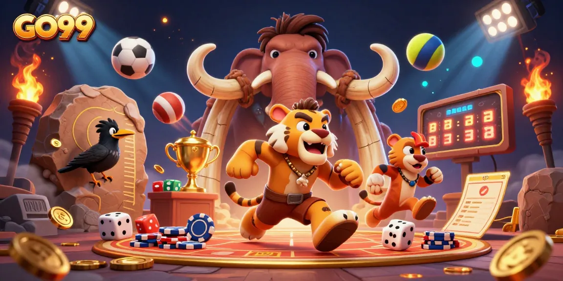 Bet on GO99 at a vibrant prehistoric casino featuring dynamic sports elements and cartoon characters.