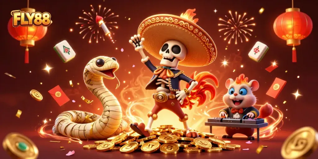 FLY88 engages players with a vibrant scene of festive celebration and golden winnings.
