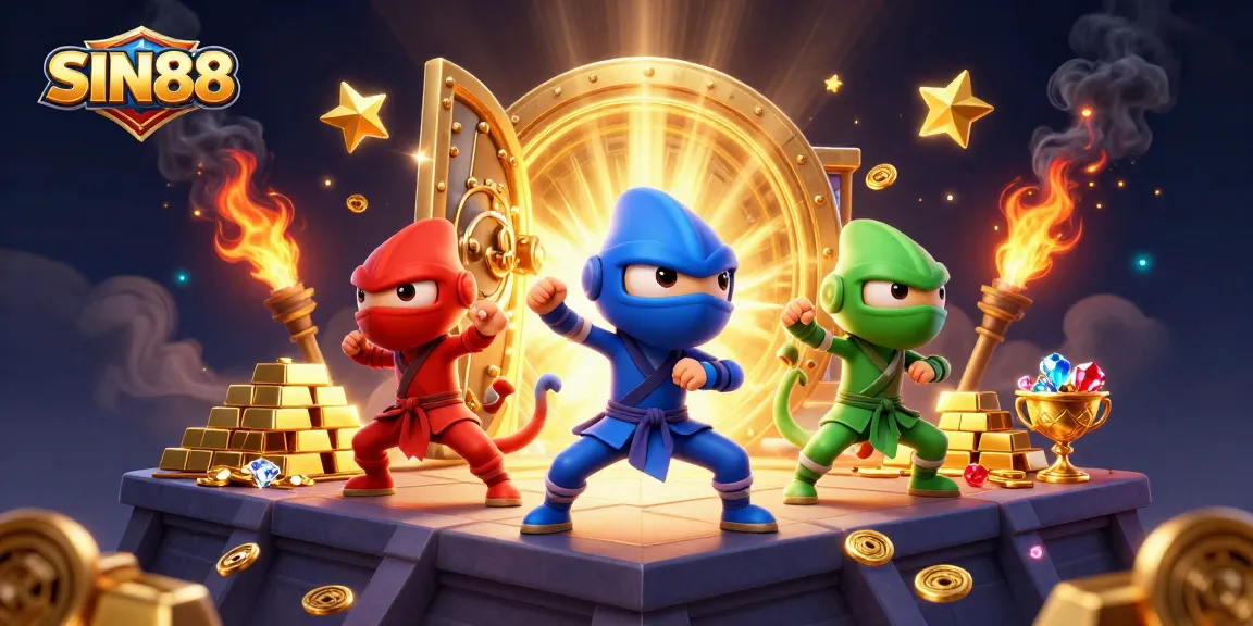 SIN88 showcases a vibrant scene with ninja chameleons immersed in a gold-filled casino, emphasizing action-packed gaming.