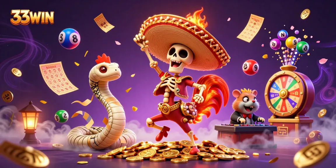 Participate in exciting games with 33WIN's vibrant lottery and casino illustration featuring engaging characters.