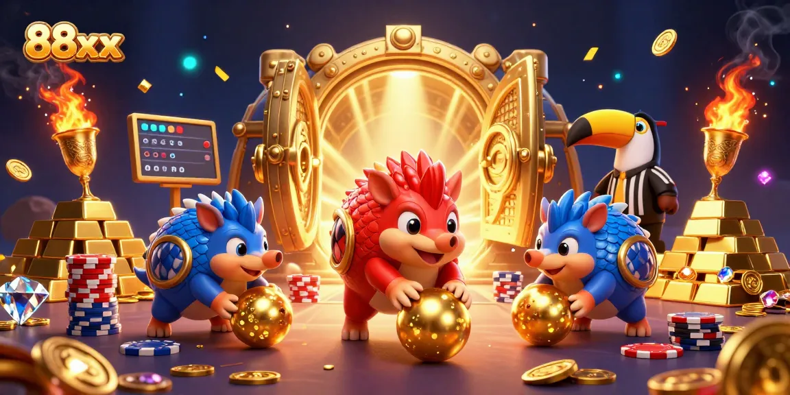 Experience thrilling gameplay at 88xx with cartoon pangolins bowling through poker chips in a colorful casino scene.