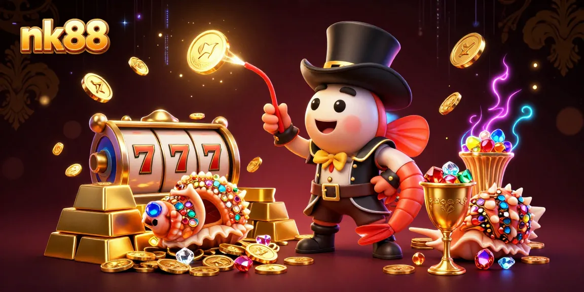 Engage with nk88's vibrant gaming world, featuring lively characters amidst treasures and slot reels.