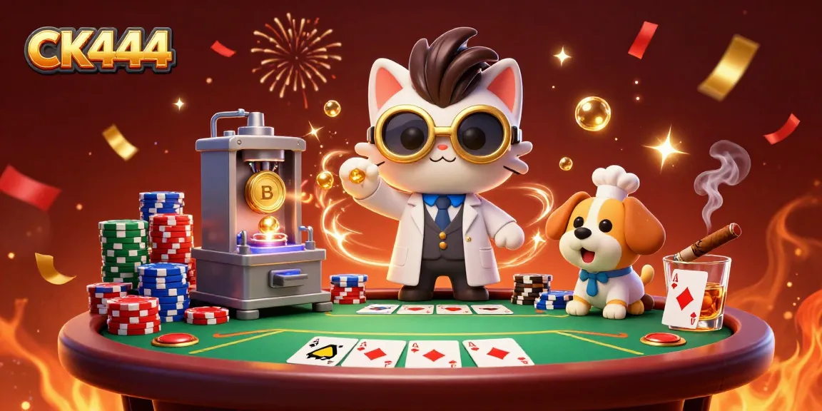 CK444 engages players with vibrant poker action featuring a mad scientist cat and lab dog in a dynamic casino scene.