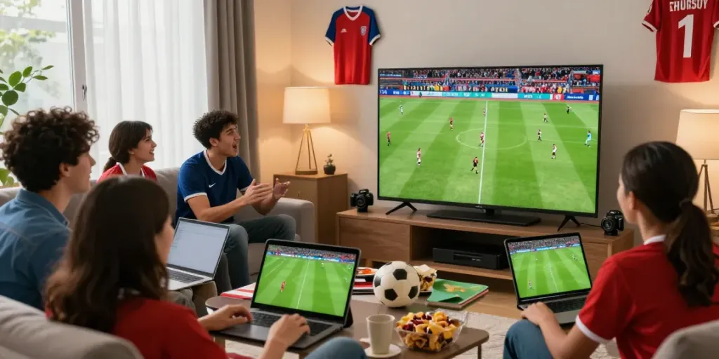 Fans enjoying thapcamtv live football streaming on multiple devices in a vibrant living space.