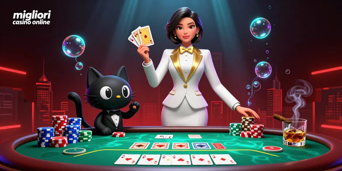 Vivi l'emozione nei migliori casino online con una scena di poker glamour che mostra una donna elegante e il suo gatto giocoso.