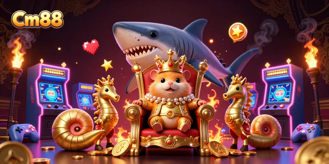 Experience dynamic gaming at Cm88 with a fierce hamster king on a megalodon throne amid vibrant game machines.