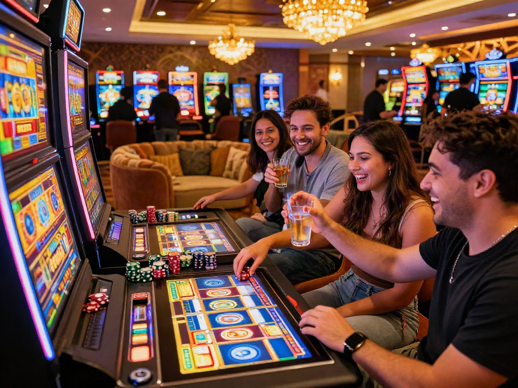 Group enjoying a lively casino atmosphere while playing rokok88 slot game, celebrating wins with friends.