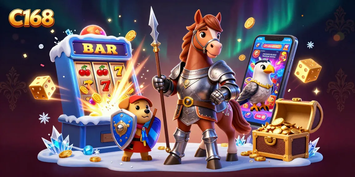 C168 players enjoy a vibrant casino atmosphere with a knight, a puppy, and a falcon amid jackpot excitement.