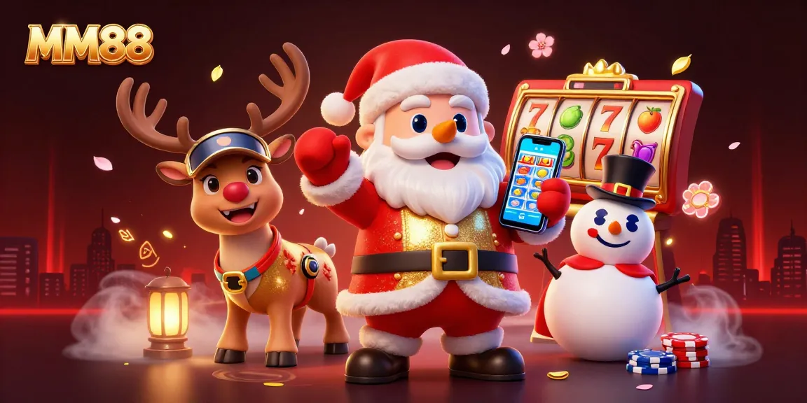Experience excitement at MM88 with a vibrant casino scene featuring Santa and his friends celebrating jackpot wins.