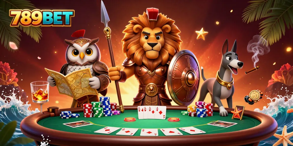 Engage with 789BET's thrilling poker scene featuring a Spartan lion, owl strategist, and greyhound, amidst vibrant gameplay elements.