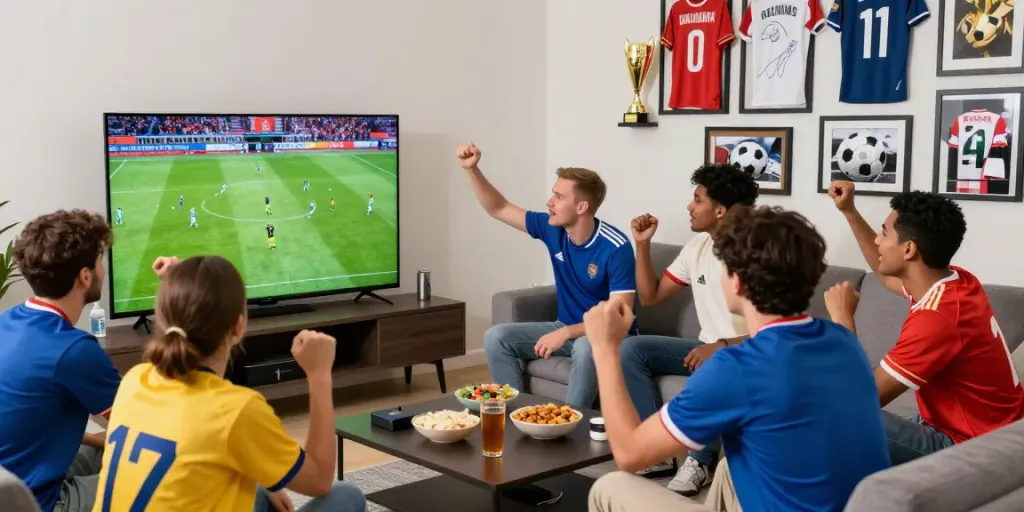 Cakhiatv football fans enjoying a live match in a vibrant living room.
