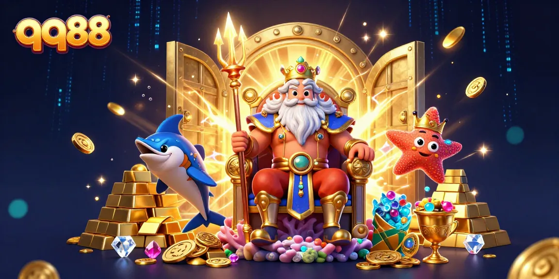 Experience thrilling gaming at qq88 with Neptune and treasures in a vibrant casino scene.