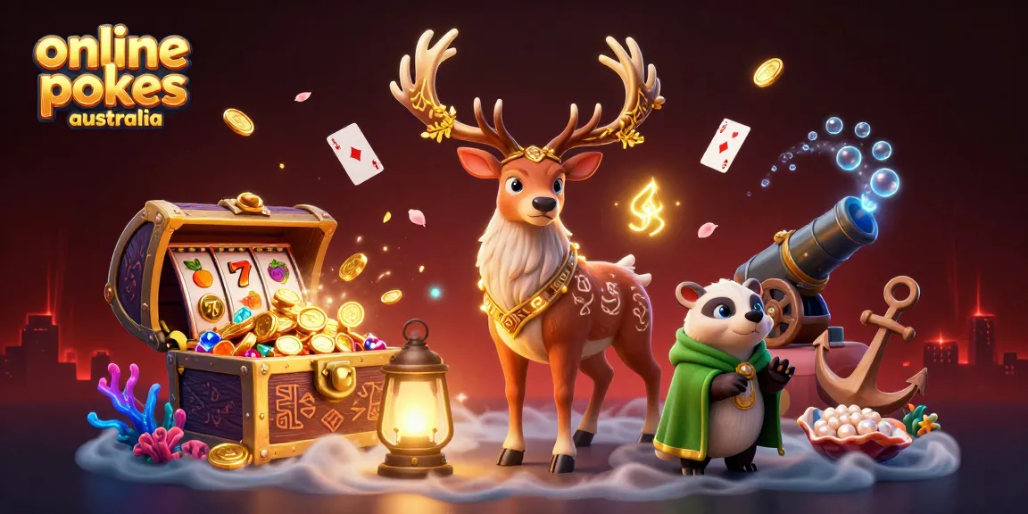Engage with online pokies Australia in a mystical 3D casino scene featuring epic characters and slot elements.