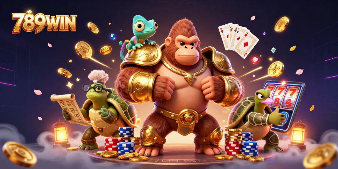 The 789WIN gorilla king celebrates as coins and cards fly around in an exciting casino scene.