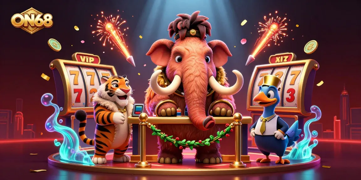 Enjoy exciting gameplay at ON68 with a dynamic scene featuring a woolly mammoth bouncer and other characters.