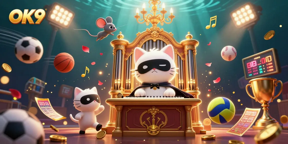 Engage with OK9's thrilling gaming, featuring a whimsical cat at a casino organ surrounded by dynamic sports elements.