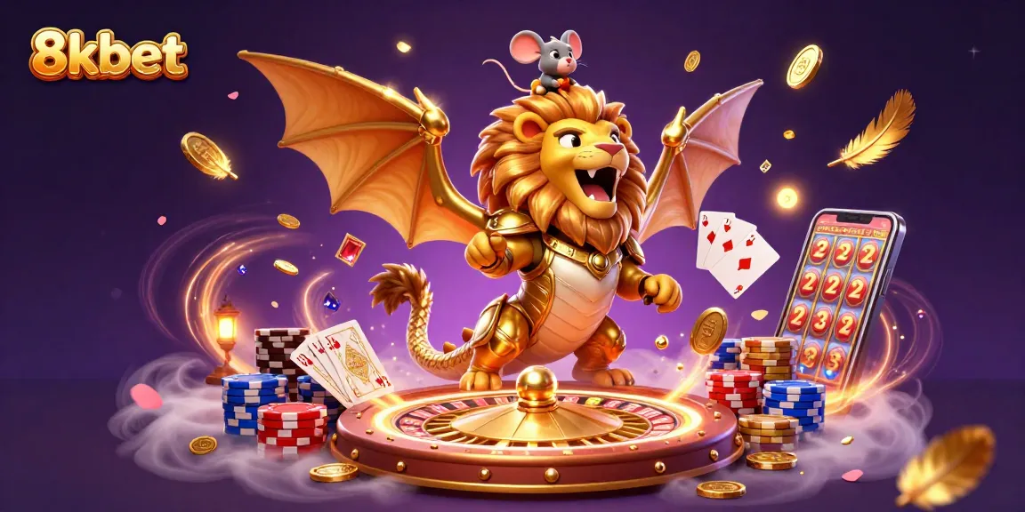 Experience dynamic gaming action with 8kbet through stunning 3D casino illustration featuring playful elements and engaging characters.
