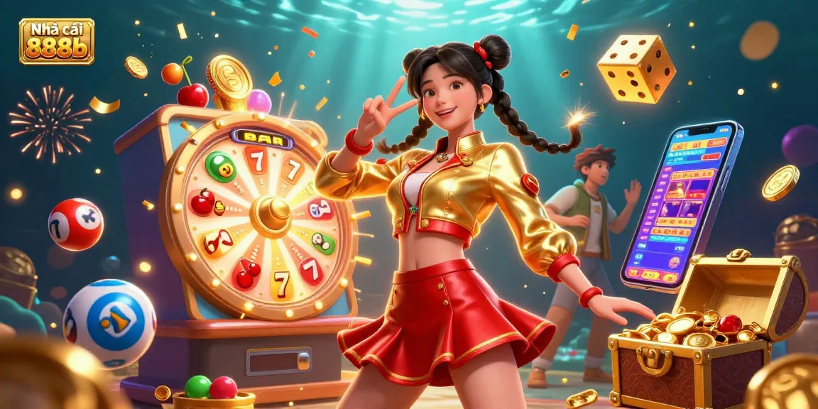 Engage with Nhà cái 888b at this vibrant 3D casino illustration, featuring dynamic gaming elements and colorful characters.