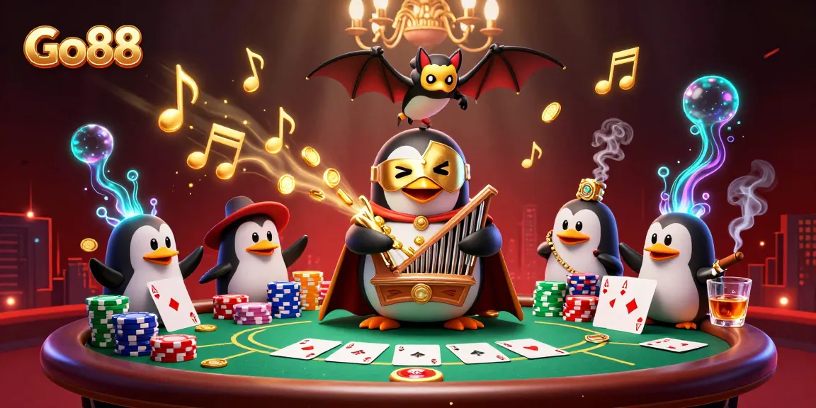 Go88's vibrant gameplay featuring a penguin organist and acrobatic bat in a lively casino scene.