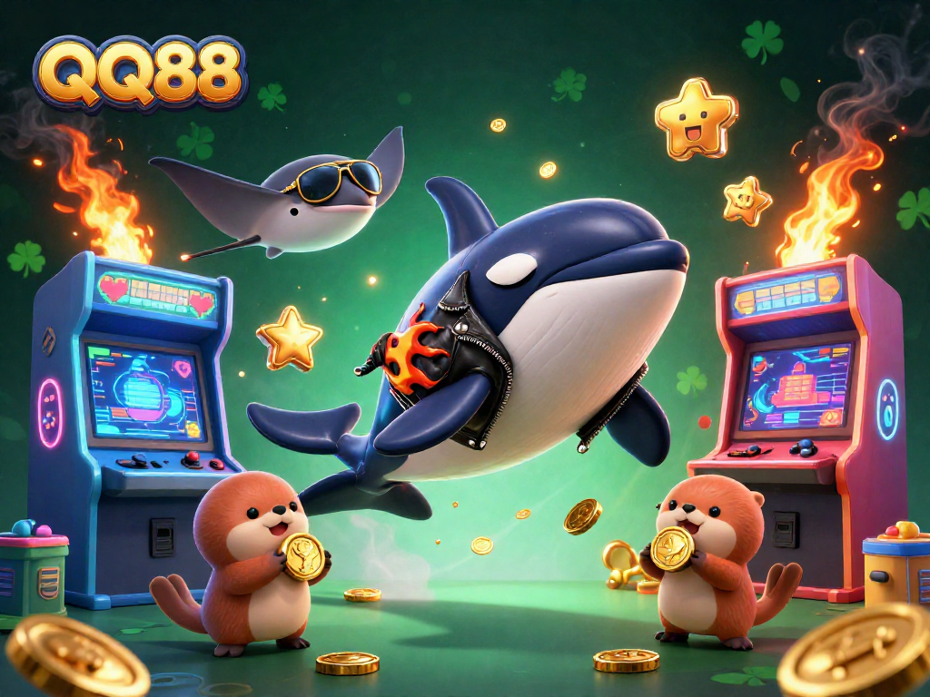 Engage with QQ88's thrilling games featuring an orca, stingray, and otters amidst vibrant casino elements.