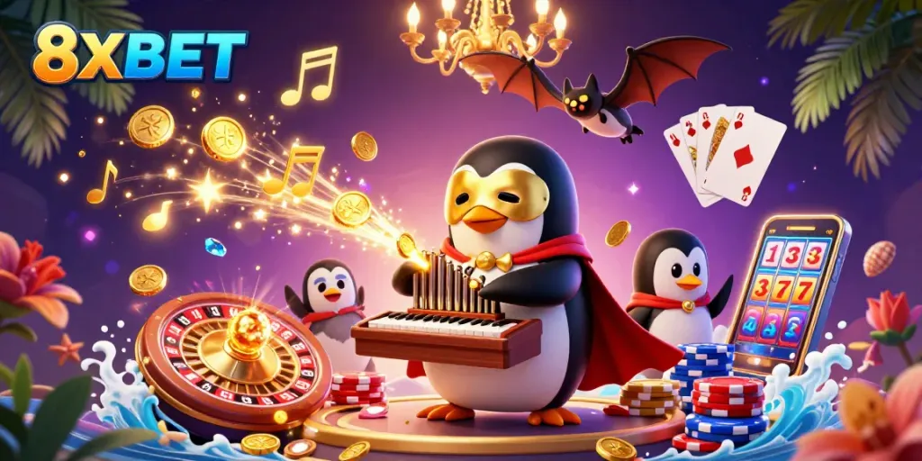 Experience 8XBET’s vibrant casino atmosphere with a captivating penguin organist and dynamic gaming elements.